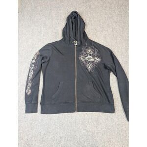 Harley-Davidson Hoodie Womens Large Black Full Zip Rhinestone Cross Sleeve Print